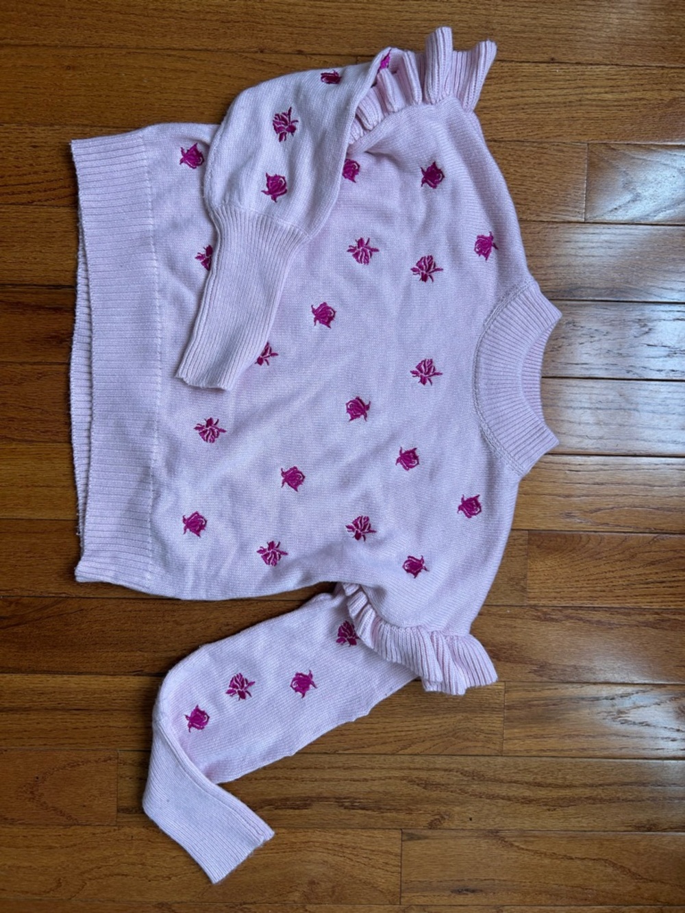 Lea & Viola Light Pink Sweater Top with Fuchsia Rose Embroidery